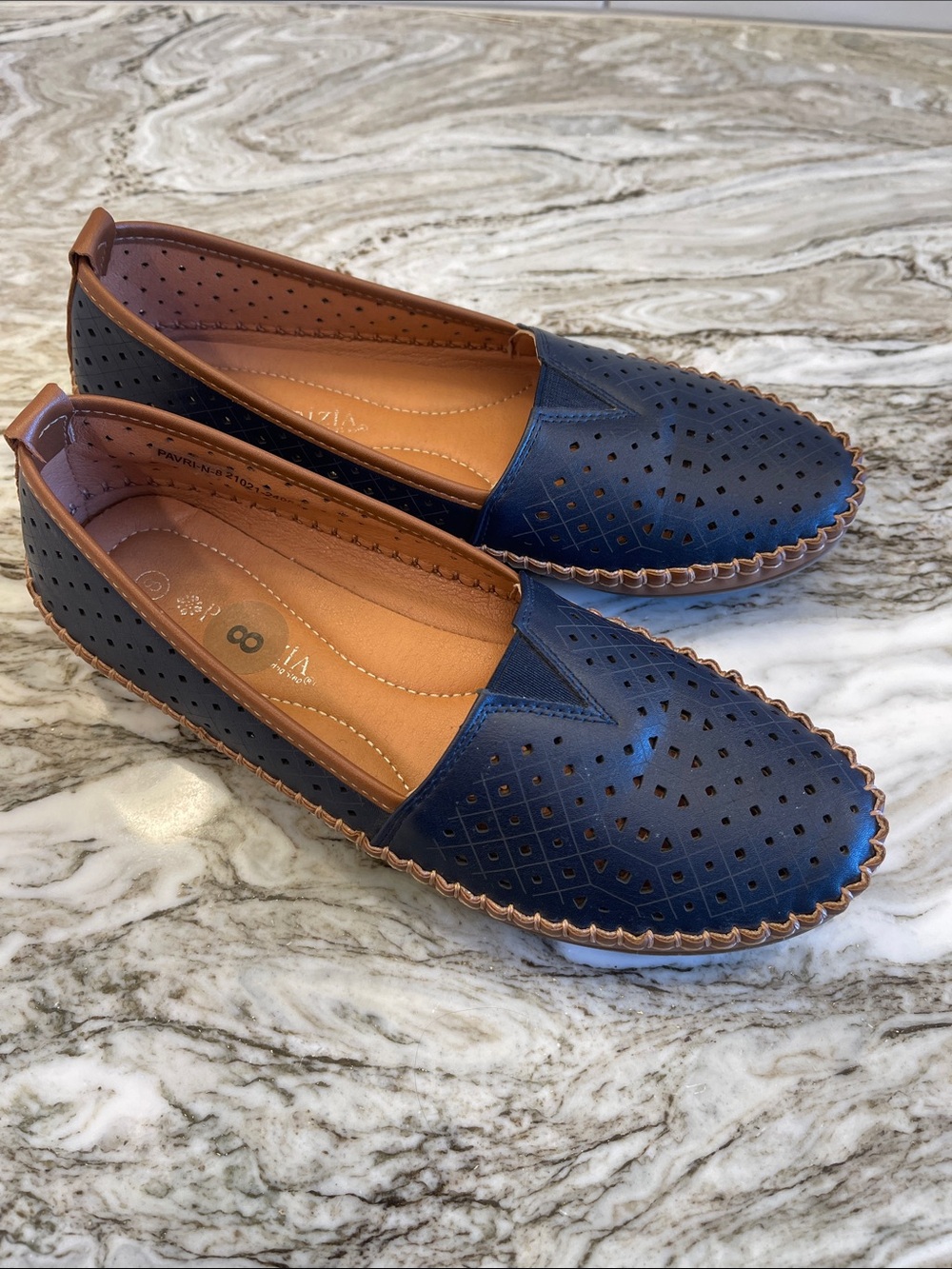 Women’s Navy Perforated Slip-On Flats with Tan Trim